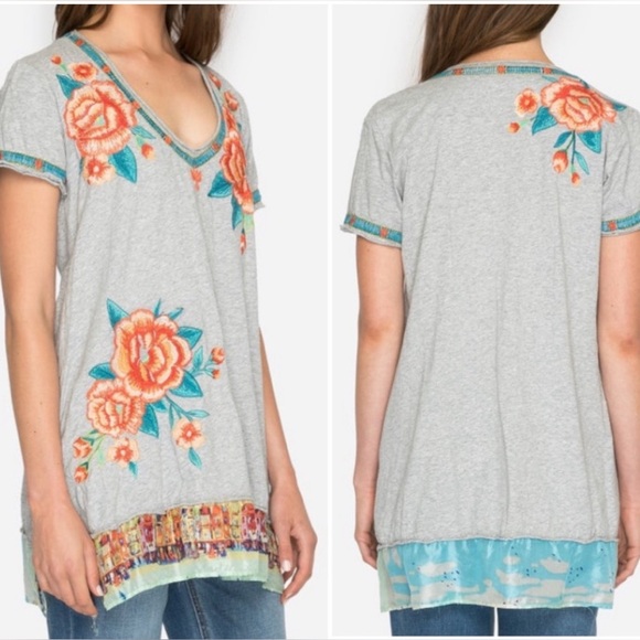 Johnny Was Aveline Scarf Flounce Tunic Short Sleeve Embroidered Silk Gray Top M - Picture 4 of 10